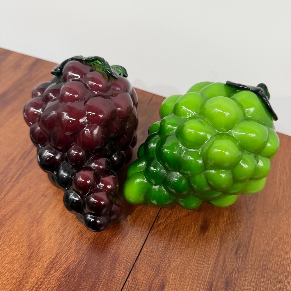 2 Hand Blown Glass Grape Clusters Purple Amethyst & Green Murano Style VTG 70s